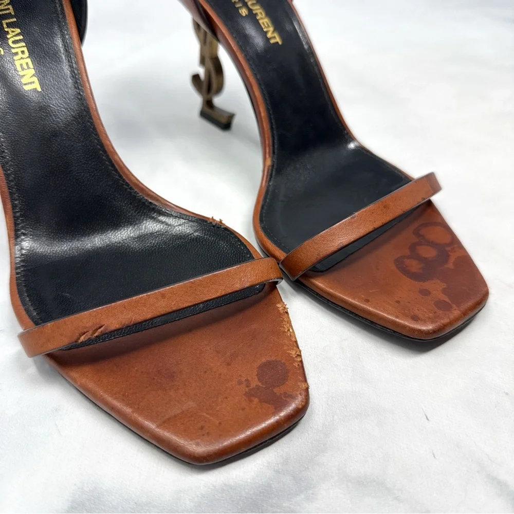 Saint Laurent Opyum 85 Leather YSL Cassandre Monogram Metal Heel Sandal Brown 36 - Picture 3 of 16